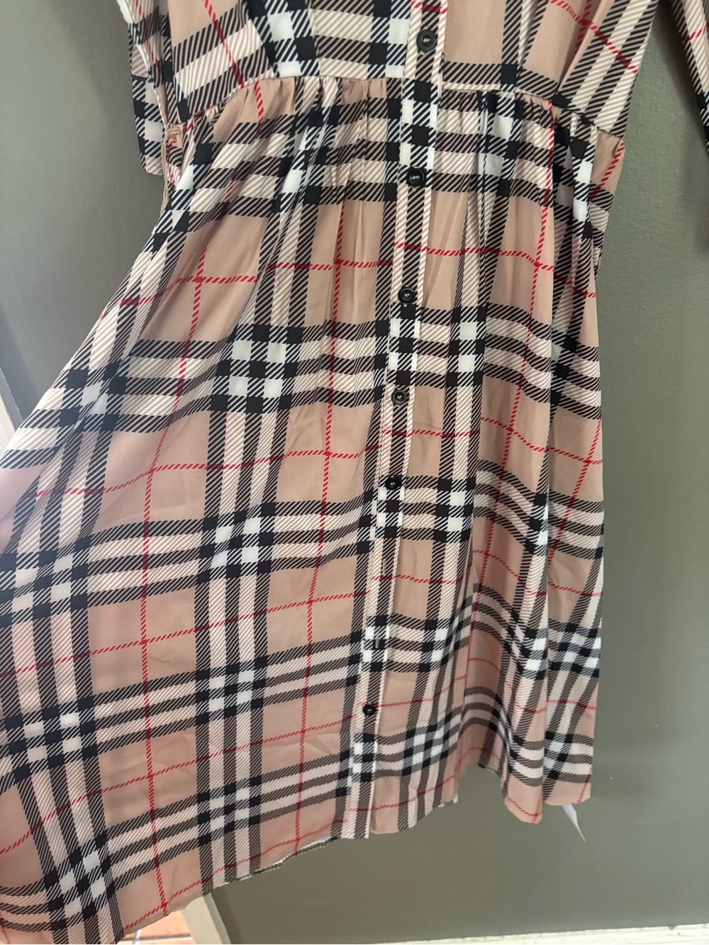 Plaid Midi Shirt Dress with Gathered Waist - Beige - Picture 4 of 8